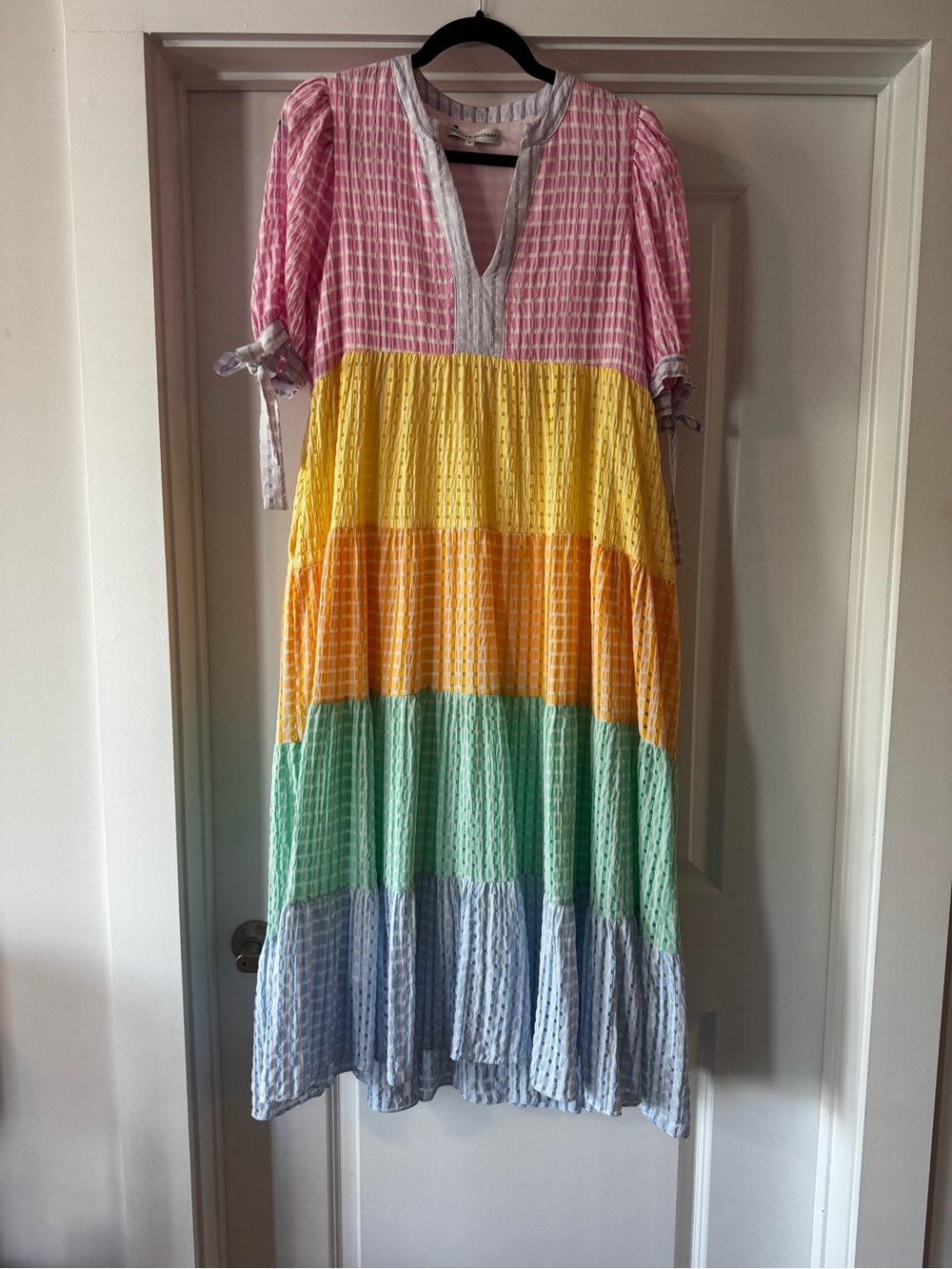 English Factory Color Block Bow Tie Sleeve MIDI Dress